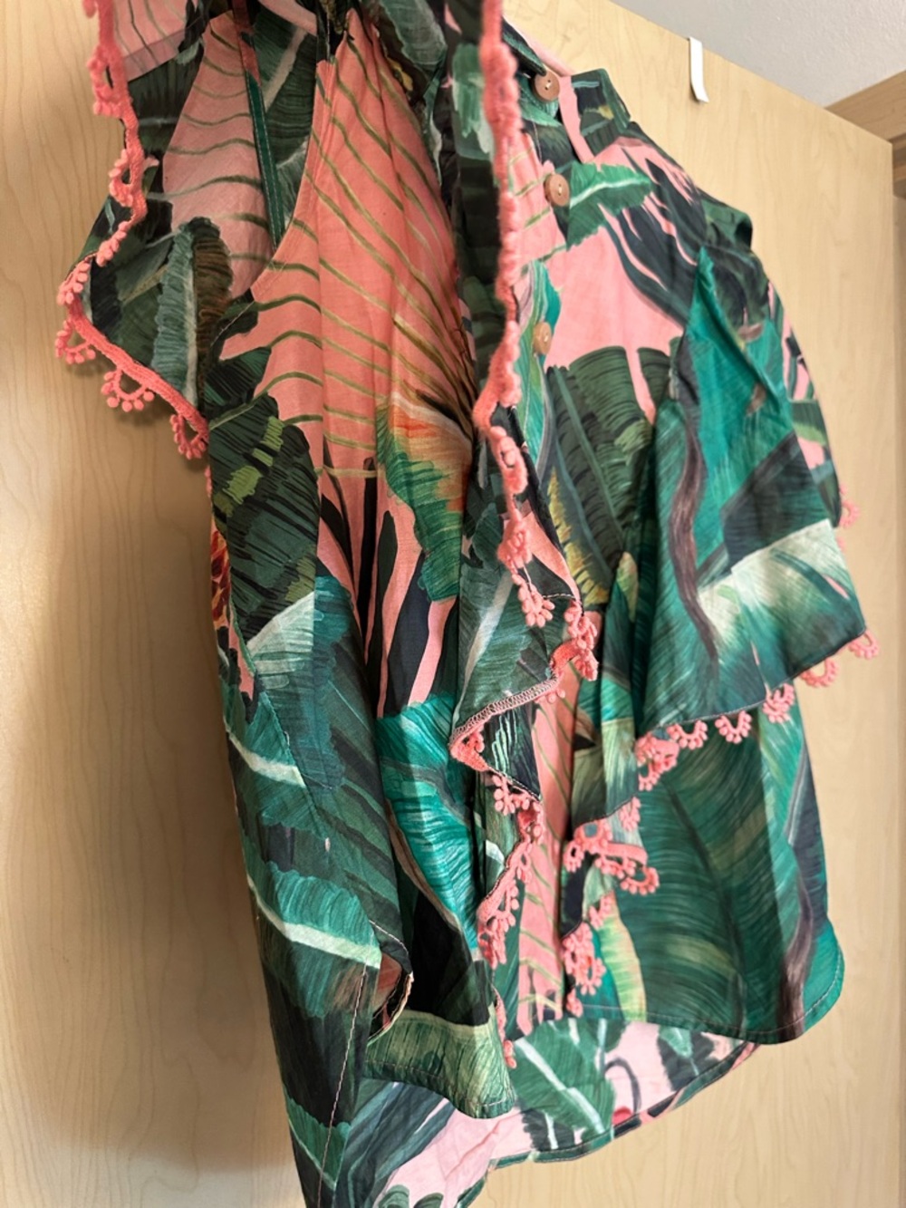 FARM Rio Pink and Green Tropical Leaf Ruffle Blouse - Picture 5 of 10